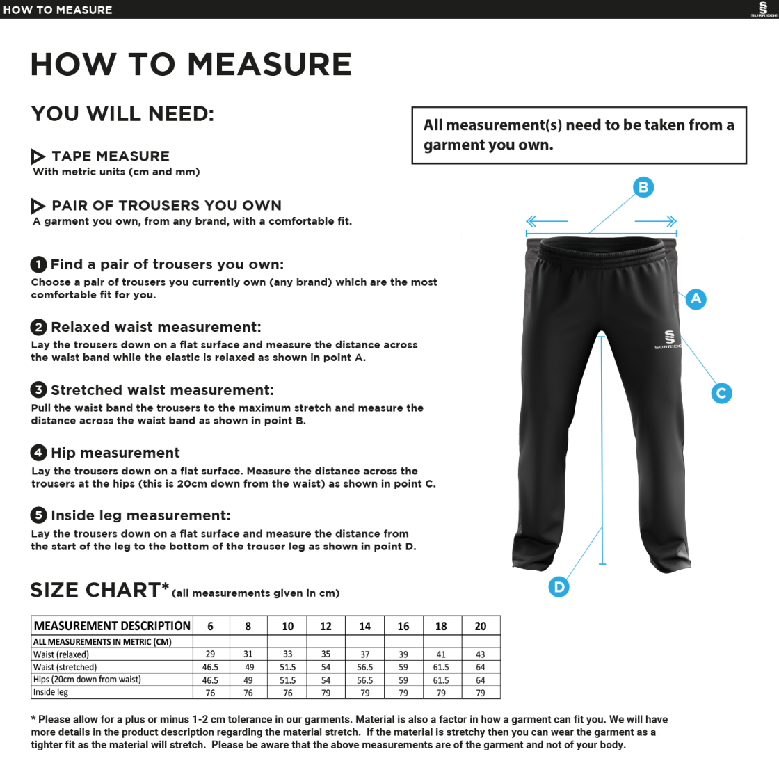 MARCHON BADMINTON CLUB RIPSTOP TRACK PANTS - female - Size Guide