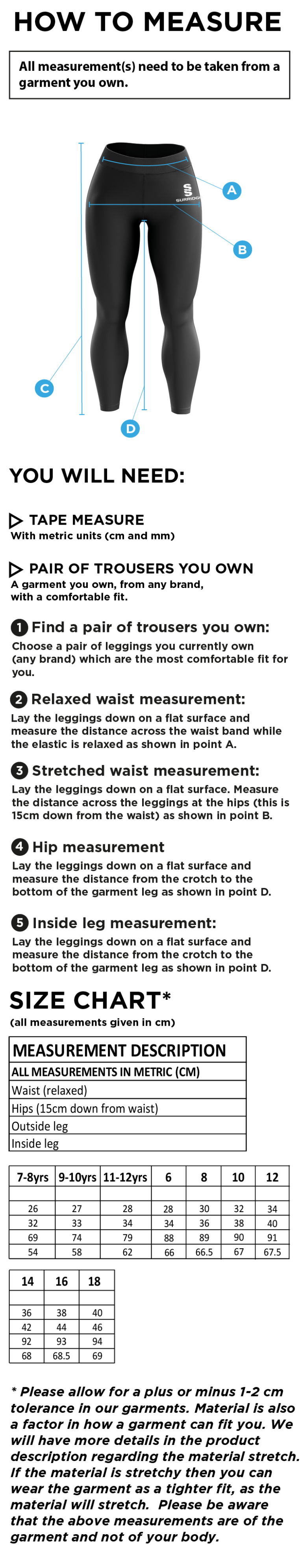 MARCHON BADMINTON CLUB LEGGINGS - Size Guide
