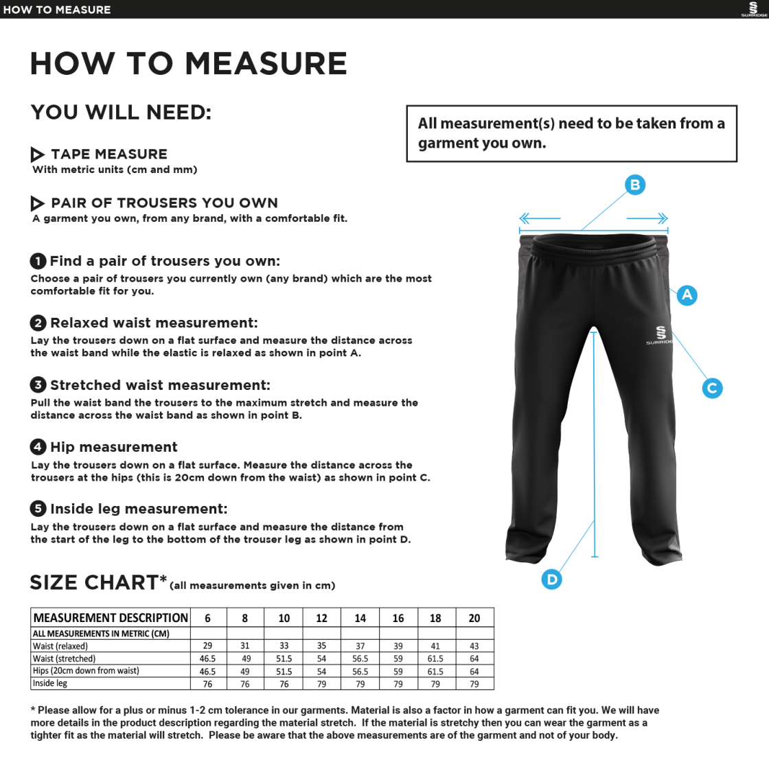 Marchon Badminton Club Poplin Track Pants - FEMALE - Size Guide
