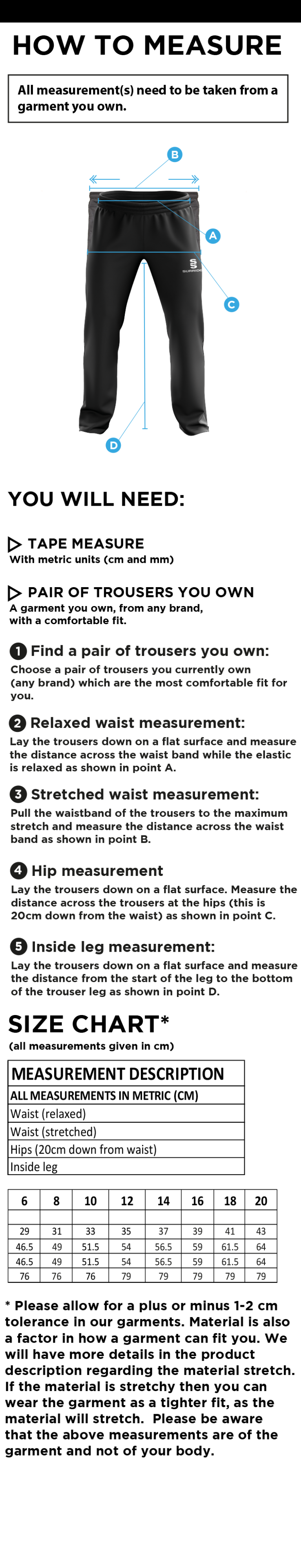 Marchon Badminton Club Poplin Track Pants - FEMALE - Size Guide